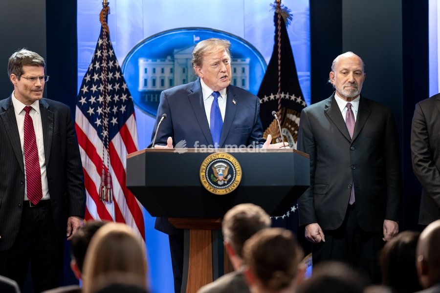 President Donald Trump delivers remarks on the Supreme Court ruling on tariffs in the James S. Brady Press Briefing Room of the White House, Friday, February, 20, 2026