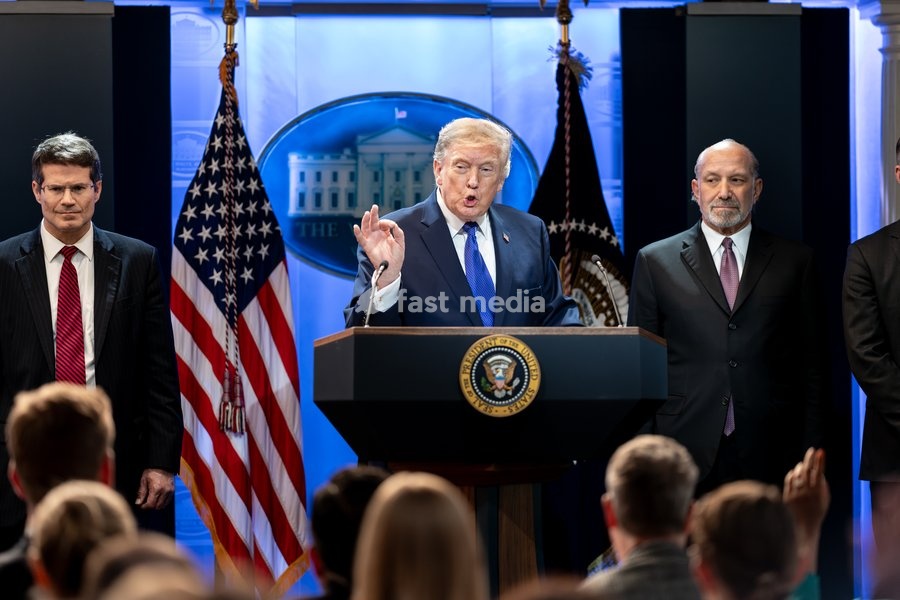 President Donald Trump delivers remarks on the Supreme Court ruling on tariffs in the James S. Brady Press Briefing Room of the White House, Friday, February, 20, 2026