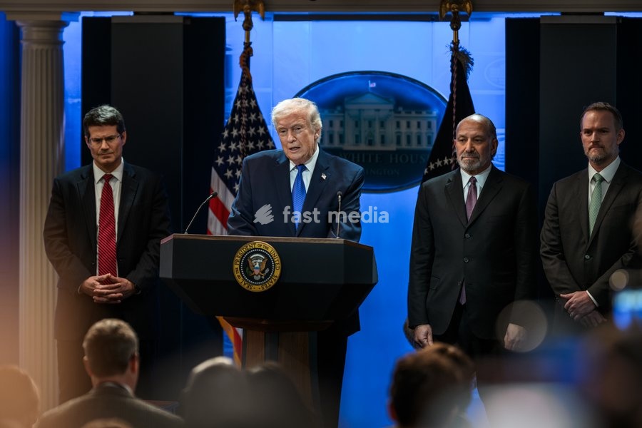 President Donald Trump delivers remarks on the Supreme Court ruling on tariffs in the James S. Brady Press Briefing Room of the White House, Friday, February, 20, 2026