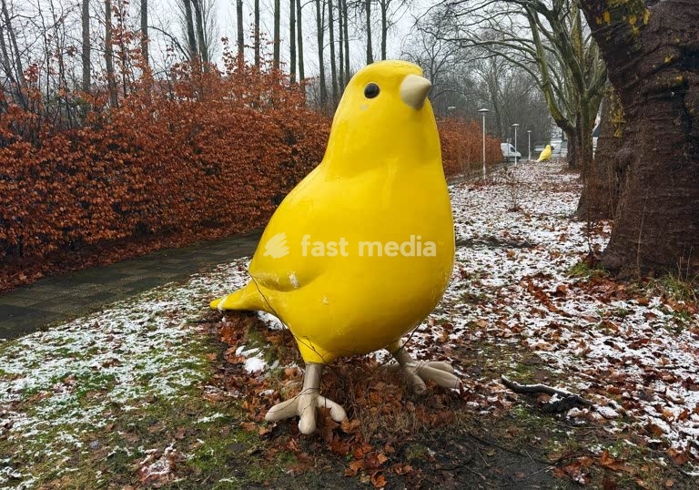 Essen, plastic yellow canary by Axel Hummert and Silke Tinnefeld on Designallee, from Zollverein-Nord station to the Zollverein UNESCO World Heritage Site. Essen (Katernberg), 29 January 2026