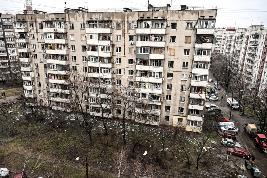 A residential multi-storey building damaged as a result of a Russian strike drone hit, Zaporizhzhia, Ukraine, on February 26, 2026. Russian forces launched a massive missile and drone attack on the city. Nine people were injured, and residential buildings, several shopping centers, and…