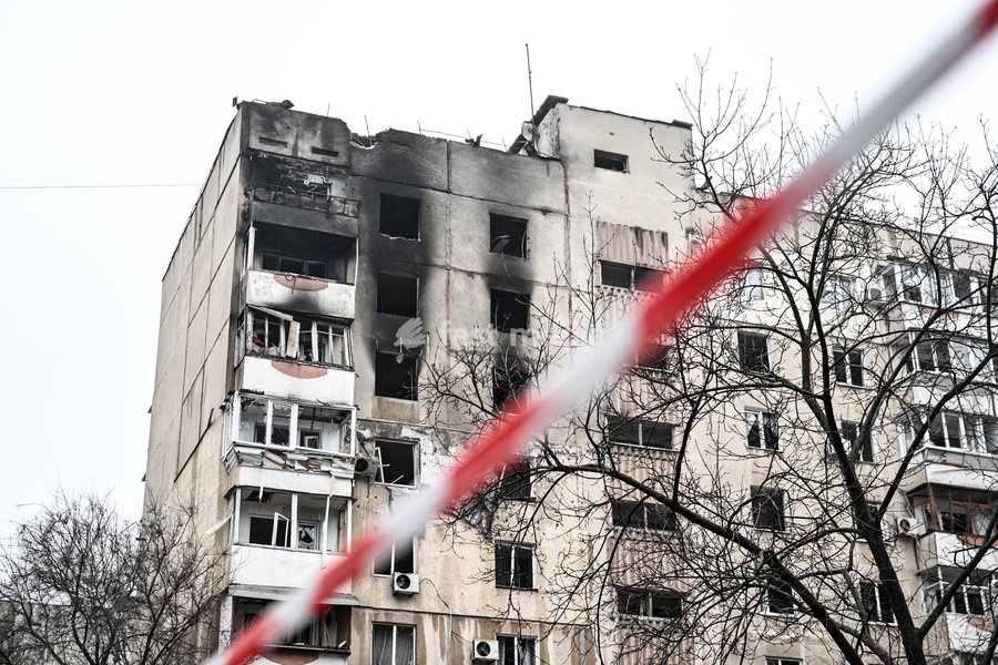 A residential multi-storey building damaged as a result of a Russian strike drone hit is seen in Zaporizhzhia, Ukraine, on February 26, 2026. Russian forces launched a massive missile and drone attack on the city. Nine people were injured, and residential buildings, several shopping centers, and…