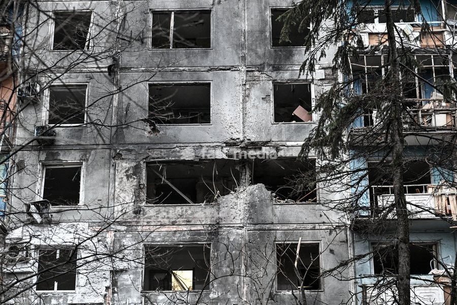 A residential multi-storey building damaged as a result of a Russian strike drone hit is seen in Zaporizhzhia, Ukraine, on February 26, 2026. Russian forces launched a massive missile and drone attack on the city. Nine people were injured, and residential buildings, several shopping centers, and…