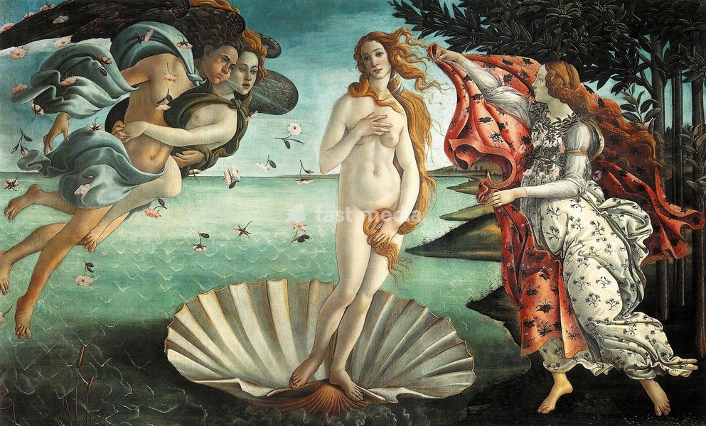 The Birth of Venus' 1486: painting by the Italian Renaissance painter Sandro Botticelli c. 1445 - 1510. It depicts the goddess Venus, having emerged from the sea as a full grown woman, arriving at the sea-shore