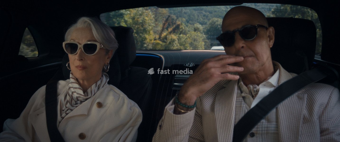 (L-R): Meryl Streep as Miranda Priestly and Stanley Tucci as Nigel Kipling in THE DEVIL WEARS PRADA 2. (2026)