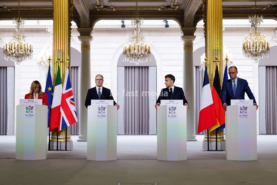 17/04/2026. Paris, France. Prime Minister Keir Starmer and French President, Emmanuel Macron co-host the Strait of Hormuz Summit alongside German Chancellor Friedrich Merz and Italian Prime Minister Giorgia Meloni at the Elysee Palace