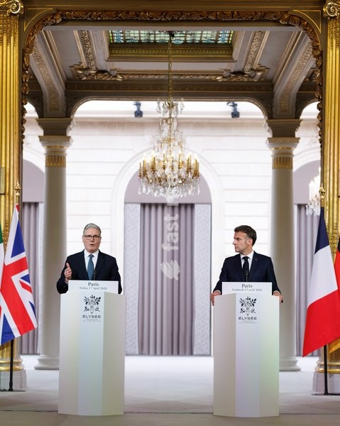 17/04/2026. Paris, France. Prime Minister Keir Starmer and French President, Emmanuel Macron co-host the Strait of Hormuz Summit at the Elysee Palace