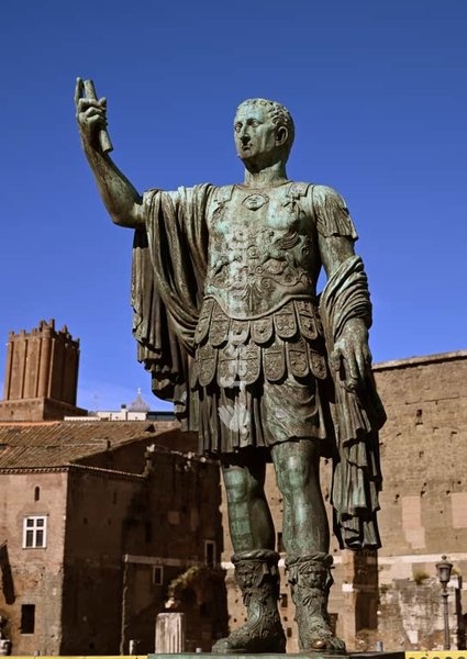 Statue of the Roman emperor Nerva (born Marcus Cocceius Nerva; reign 96-98 AD). in the Via dei Fori Imperiali in front of the Nerva’s Forum. - Rome, Italy (2026)