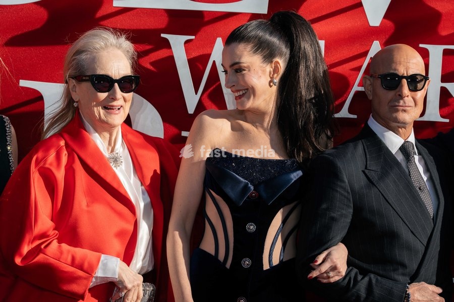 (L-R) Meryl Streep, Anne Hathaway, and Stanley Tucci attend "The Devil Wears Prada 2" European Premiere inside Leicester Square on April 22, 2026 in London, England