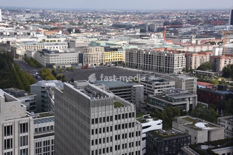 Berlin, view from the Kollhoff Tower across the new buildings at Potsdamer Platz towards the Holocaust Memorial (Memorial to the Murdered Jews of Europe). Berlin, 10 September 2025