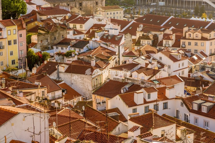Skyline of Alfama district overlooking the Tagus River, Alfama district, Lisbon, Portugal