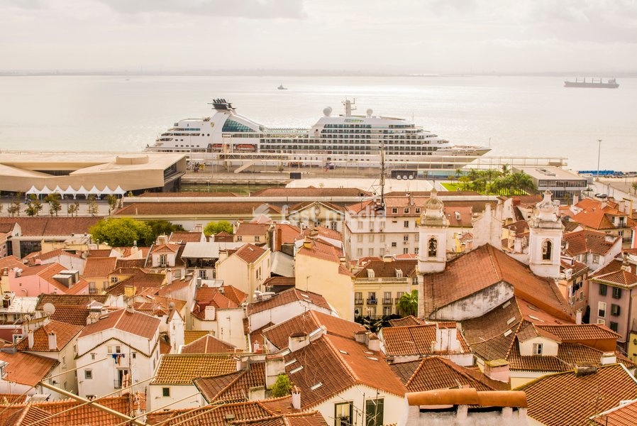 Seabourn Sojourn at the Main cruise terminal and docks, Alfama district, , Lisbon, Portugal