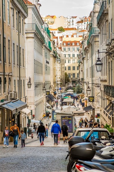 Narrow street in Bairro Alto district, Lisbon, Portugal