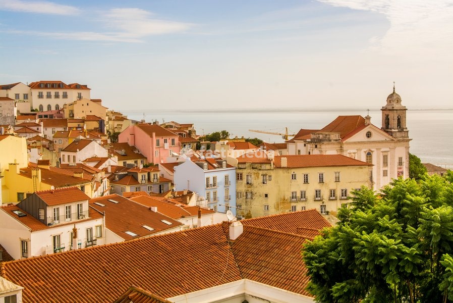 Skyline of Alfama district overlooking the Tagus River, Alfama district, Lisbon, Portugal
