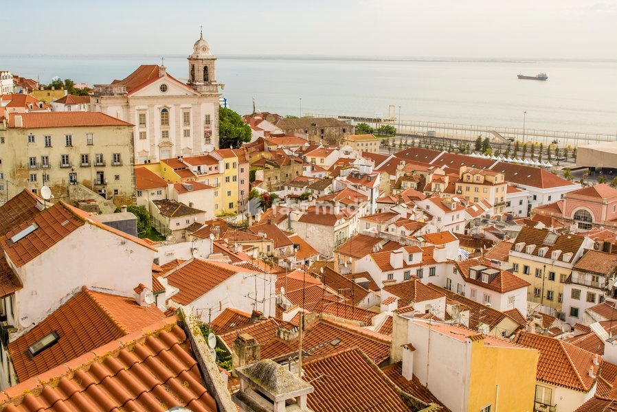 Skyline of Alfama district overlooking the Tagus River, Alfama district, Lisbon, Portugal