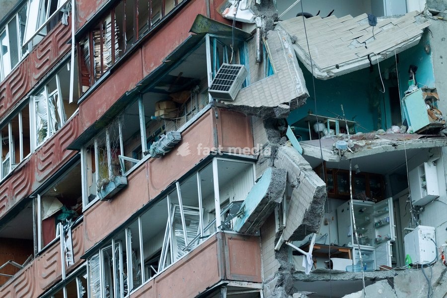 A nine-storey apartment block is damaged by a Russian missile and drone strike in Kyiv, Ukraine, on May 14, 2026. Russia launched a massive attack on the Ukrainian capital, deploying more than 670 strike drones and 56 missiles of various types. The attack damaged 11 multi-storey residential…