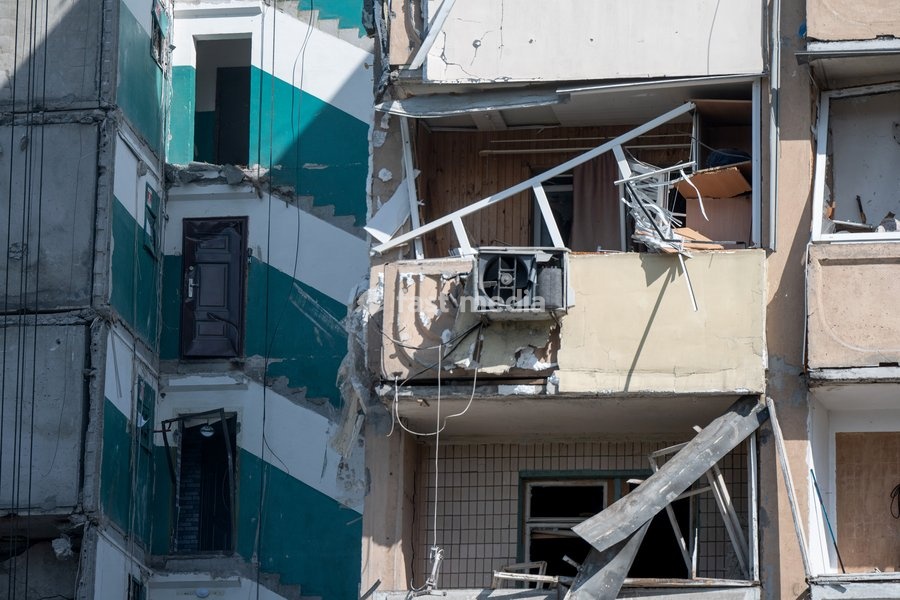 Nine-storey apartment blocks are damaged by a Russian missile and drone strike in Kyiv, Ukraine, on May 14, 2026. Russia launched a massive attack on the Ukrainian capital, deploying more than 670 strike drones and 56 missiles of various types. The attack damaged 11 multi-storey residential…