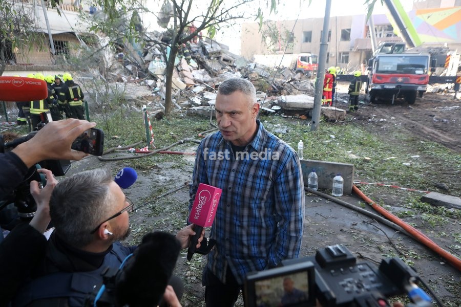 Kyiv city head Vitali Klitschko speaks to the press outside a nine-storey apartment block damaged by a Russian missile and drone strike in Kyiv, Ukraine, on May 14, 2026. Russia launched a massive attack on the Ukrainian capital, deploying more than 670 strike drones and 56 missiles of various…