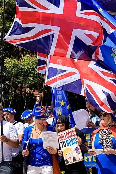 Belgium, Brussels, on July 09, 2019: Pro-European and anti-Brexit English demonstration in front of the European Commission headquarters. Demonstrations with flags of the United Kingdom and European flags, Bretagne, Brittany, Morbihan 56, Brussels-Capital Region, Europe, Western Europe, Belgium