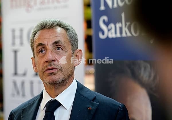 Brussels, Belgium, on September 3, 2020: Nicolas Sarkozy signing copies of his book Le temps des tempetes (The Time of Storm), Brussels, Brussels-Capital, Europe, Western Europe, Belgium