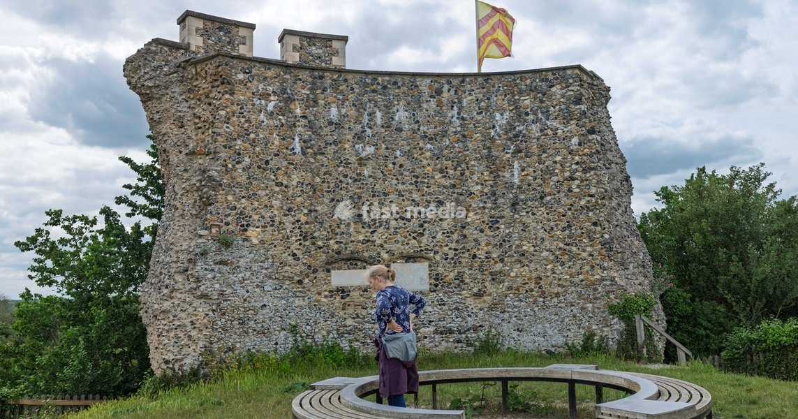 Remains of Clare castle ( with photographer's wife) atop of defensive mound at Clare, near Bury St Edmunds, Suffolk. United Kingdom. 05 June 2026