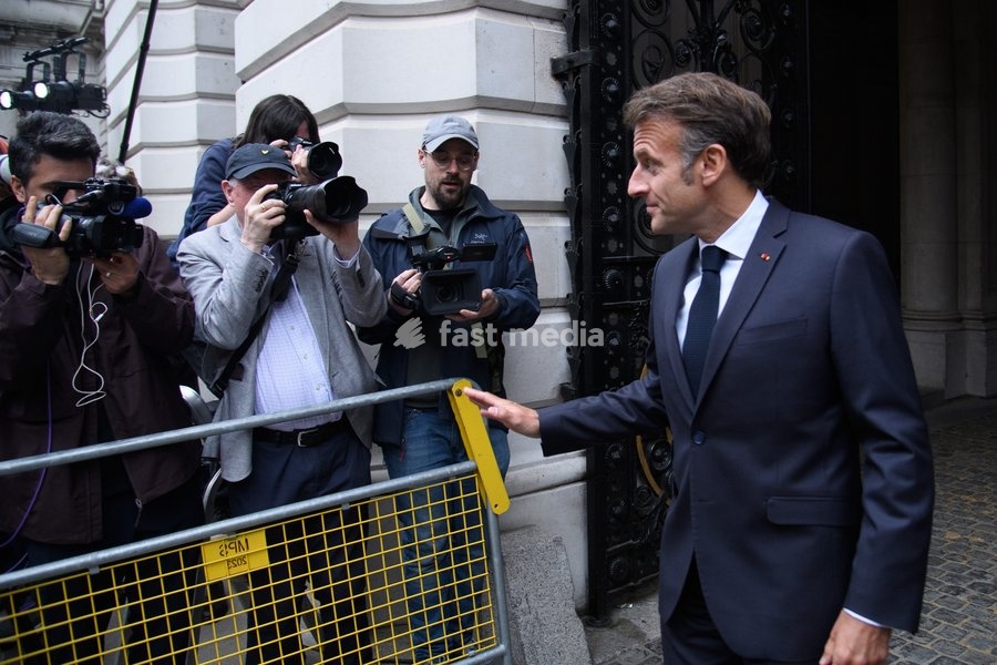 French President Emmanuel Macron arrives for a Quadliateral meeting in Downing Street, London, England, UK on Sunday 7 June, 2026