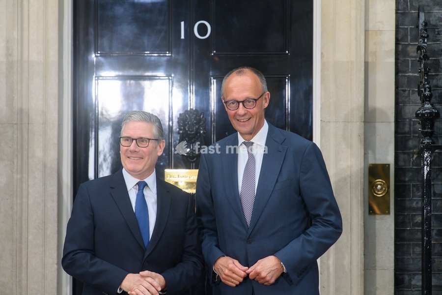British Prime Minister Sir Keir Starmer poses for a photo with German Chancellor Frederich Merz as he arrives for a quadliateral meeting in Downing Street, London, England, UK on Sunday 7 June, 2026