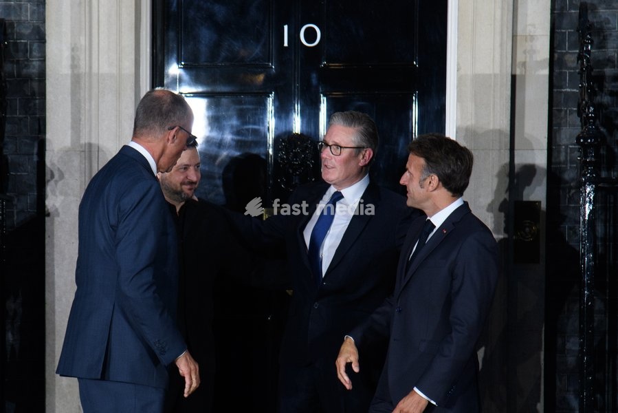 (L-R) - German Chancellor Frederich Merz, Ukrainian President Volodymyr Zelenskyy, French British Prime Minister Sir Keir Starmer and President Emmanuel Macron pose forr a photo in Downing Street, London, England, UK on Sunday 7 June, 2026