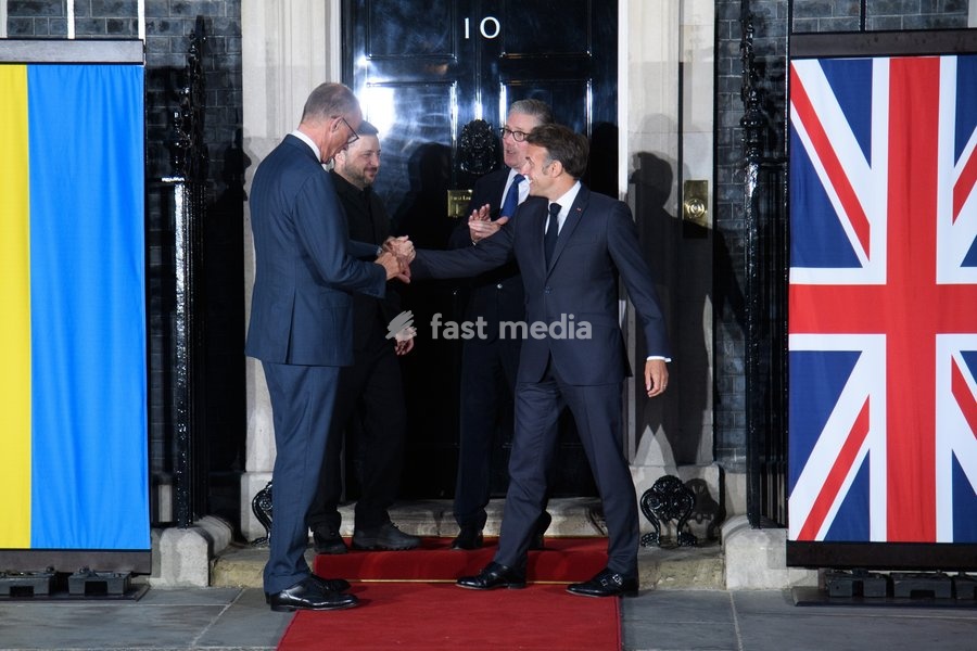 (L-R) - German Chancellor Frederich Merz, Ukrainian President Volodymyr Zelenskyy, French British Prime Minister Sir Keir Starmer and President Emmanuel Macron pose forr a photo in Downing Street, London, England, UK on Sunday 7 June, 2026