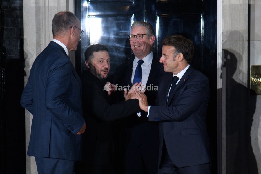 (L-R) - German Chancellor Frederich Merz, Ukrainian President Volodymyr Zelenskyy, French British Prime Minister Sir Keir Starmer and President Emmanuel Macron pose forr a photo in Downing Street, London, England, UK on Sunday 7 June, 2026