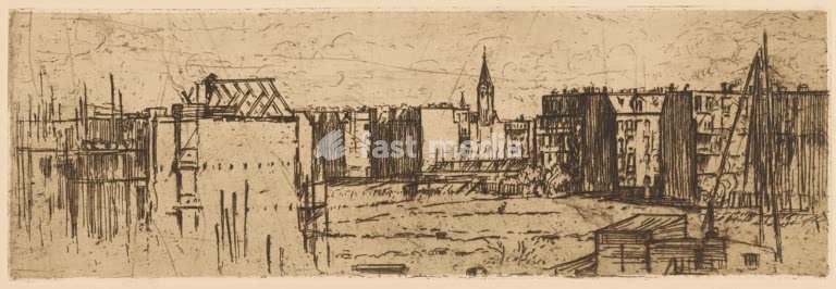 View of Amsterdam with houses under construction, print, In the foreground a construction site. In the background residences and the Boomkerk., printmaker: Johannes Löhr, 1892 - 1928, paper, etching, intaglio printmaking technique, height 100 mm x width 298 mm, building-site, city-view in general,…