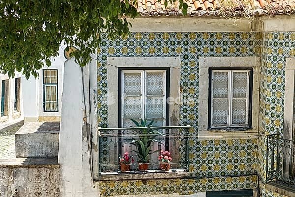 The cozy balcony and window in one of the old house of Alfama covered by the typical Portuguese Azulejos. Lisbon. Portugal