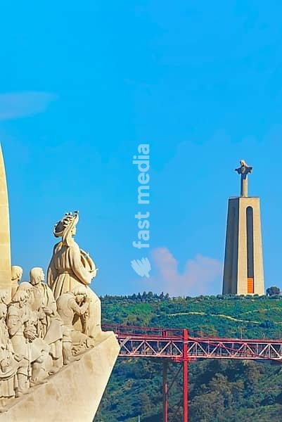 View of Monument to the Discoveries (Padrao dos Descobrimentos) and the Sanctuary of Christ the King shrine in the distance, Belem, Lisbon, Portugal