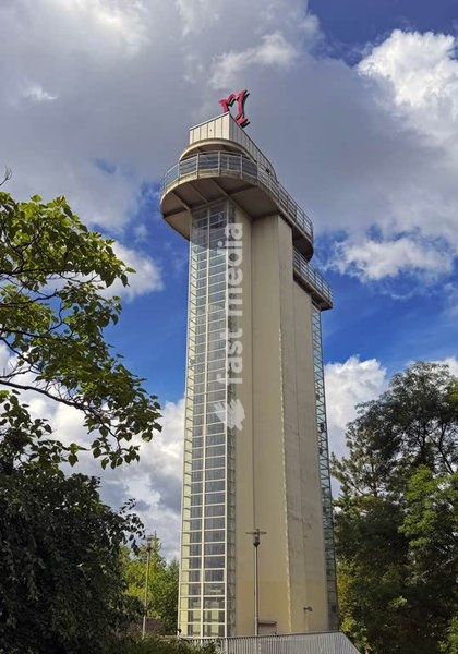 Essen, the tower Grugaturm in Grugapark. The observation tower was designed in 1928 by the architect Paul Porrten in the Bauhaus style, using a steel frame construction, to serve as both an observation tower and a radio tower, and was completed in 19 days as part of the Great Ruhr Horticultural…