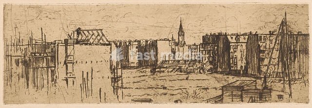View of Amsterdam with houses under construction, print, In the foreground a construction site. In the background residences and the Boomkerk., printmaker: Johannes Löhr, 1892 - 1928, paper, etching, intaglio printmaking technique, height 100 mm x width 298 mm, building-site, city-view in general,…