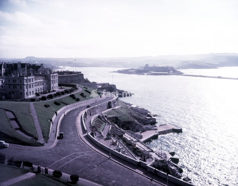 The Sound, Royal Citadel, and Mount Edgecumbe, Plymouth, Devon, c1955. View from Smeaton's Tower. The Cattewater is a stretch of water where the mouth of the river Plym merges with Plymouth Sound