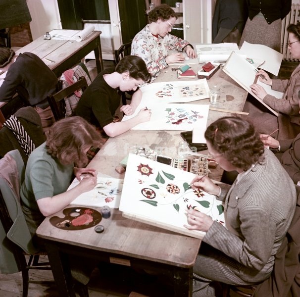 Evening class in design, Royal School of Needlework, c1955. The Royal School of Needlework (RSN) in London is a hand embroidery school, founded as the School of Art Needlework in 1872. 'The founding principles of the RSN were two-fold: to revive a beautiful art which had fallen into disuse and,…