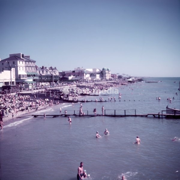 The beach at Bognor, Sussex, c1955. Bognor was developed as a seaside resort by Sir Richard Hotham in the late 18th century on what was a sand and gravel, undeveloped coastline. It has been claimed that Hotham and his new resort are portrayed in Jane Austen's unfinished novel "Sanditon". The resort…