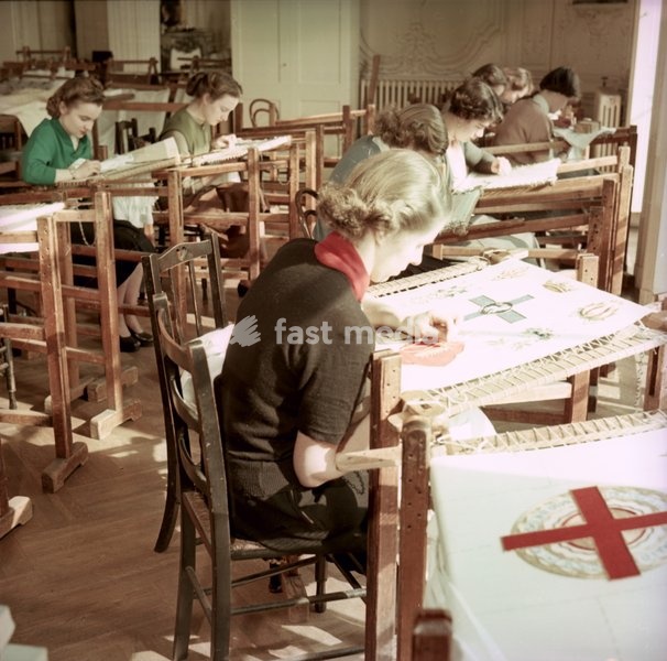 Students at work, training day, Royal School of Needlework, c1955. The Royal School of Needlework (RSN) in London is a hand embroidery school, founded as the School of Art Needlework in 1872. 'The founding principles of the RSN were two-fold: to revive a beautiful art which had fallen into disuse…