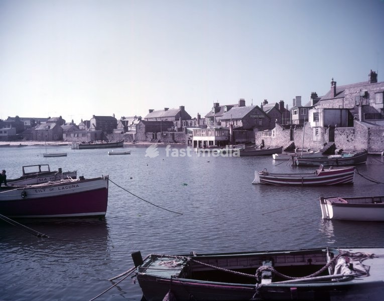 The Pool and Hugh Town from Garrison Hill, St Mary's, Isles of Scilly, c1955. In the centre is the Atlantic Hotel