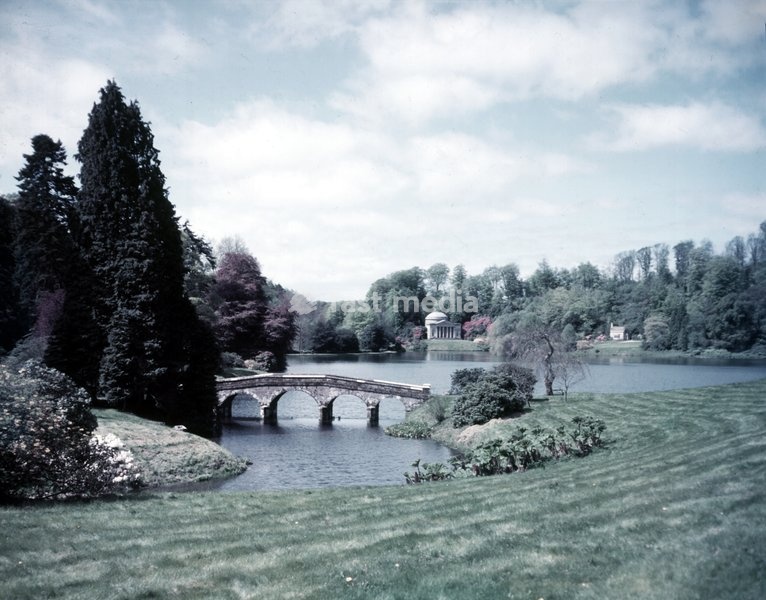 The Palladian bridge and Pantheon, Stourhead Park, Wiltshire, c1955. The gardens were designed by Henry Hoare II and laid out between 1741 and 1780 in a classical 18th-century design set around a large lake, achieved by damming a small stream