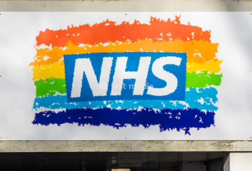 NHS rainbow logo above an entrance, Royal Berkshire hospital, Reading, Berkshire, England, UK
