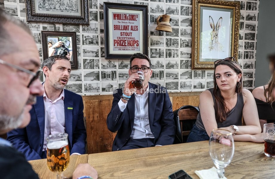 Prime Minister Andy Burnham visits the Hare inn in Harlow, Essex with the Chancellor John Healey