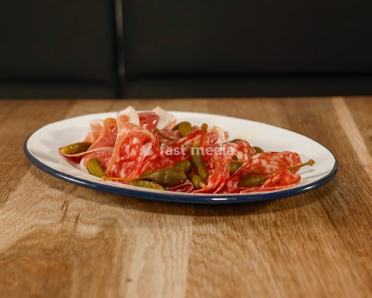 Antipasti with fennel salami, proscuitto, pickles at ALFI in Spitalfields, London, United Kingdom