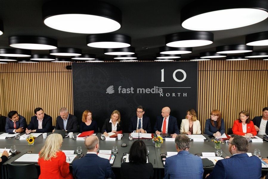 24/07/2026. Manchester, United Kingdom. Prime Minister Andy Burnham holds a National Economic Council meeting alongside Chancellor of the Exchequer John Healey as he spends his first day working in No10 North office in Manchester