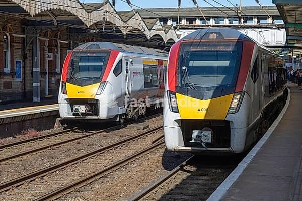 British Rail Class 755 bi-modal multiple unit Stadler FLIRT trains operated by Greater Anglia, Ipswich railway station, Suffolk, England, UK