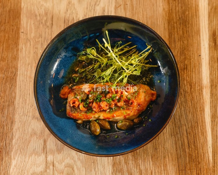 Hake with capers, lemon and brown shrimp butter at ALFI in Spitalfields, London, United Kingdom