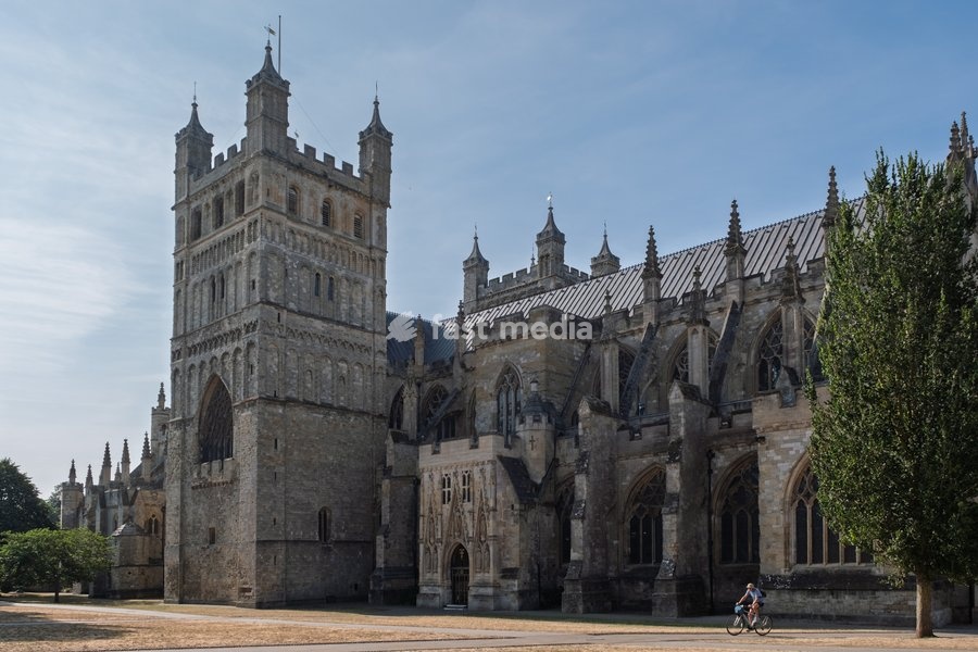 Exeter cathedral. Completed around the year 1400. Exeter Cathedral, properly known as the Cathedral Church of Saint Peter in Exeter, is an Anglican cathedral, and the seat of the Bishop of Exeter, in the city of Exeter, Devon, in South West England. Exeter, Devon . United Kingdom. 22 July 2026