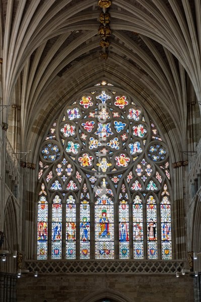 Exeter cathedral. Completed around the year 1400. Exeter Cathedral, properly known as the Cathedral Church of Saint Peter in Exeter, is an Anglican cathedral, and the seat of the Bishop of Exeter, in the city of Exeter, Devon, in South West England. Exeter, Devon . United Kingdom. 22 July 2026