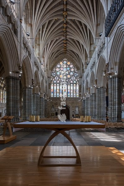 Exeter cathedral. Completed around the year 1400. Exeter Cathedral, properly known as the Cathedral Church of Saint Peter in Exeter, is an Anglican cathedral, and the seat of the Bishop of Exeter, in the city of Exeter, Devon, in South West England. Exeter, Devon . United Kingdom. 22 July 2026
